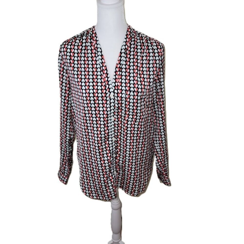 GAP V-Neck Blouse Red & Blue Heart Pattern Long Sleeves Flowy Women's Size XS